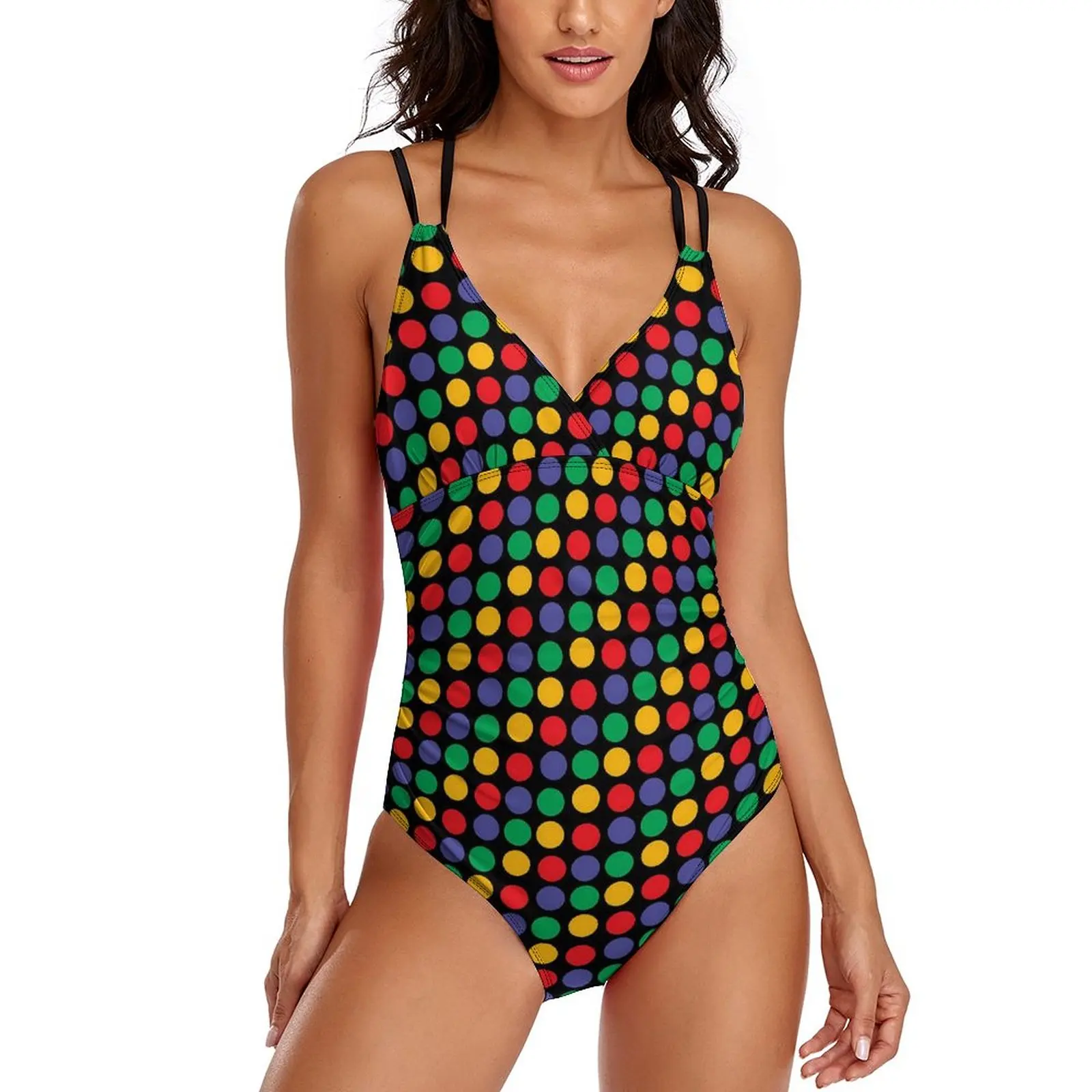 

Rainbow Polka Dots Swimsuit Print One-Piece Swimwear Push Up Beach Bathing Suits Sexy Cross Back Swimsuits Custom Beach Outfits