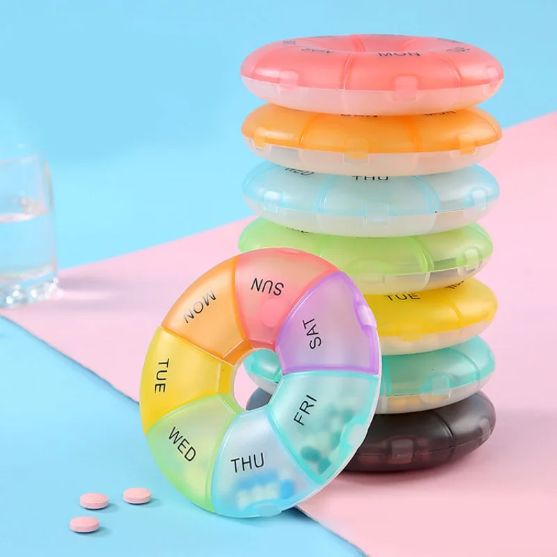 

Candy Round Plastic Pill Box 7 Grids Weekly Tablet Portable Pill Box Pill Holder Travel Organizer Independent Pill Container