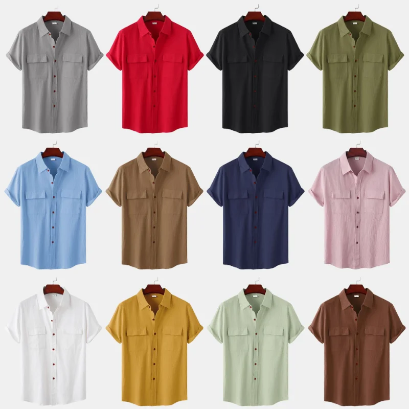 

Рубашка мужская из хлопка и льна, повседневная сорочка с двумя карманами и короткими рукавами, деловой дышащий Топ, однотонная белая, на лето
