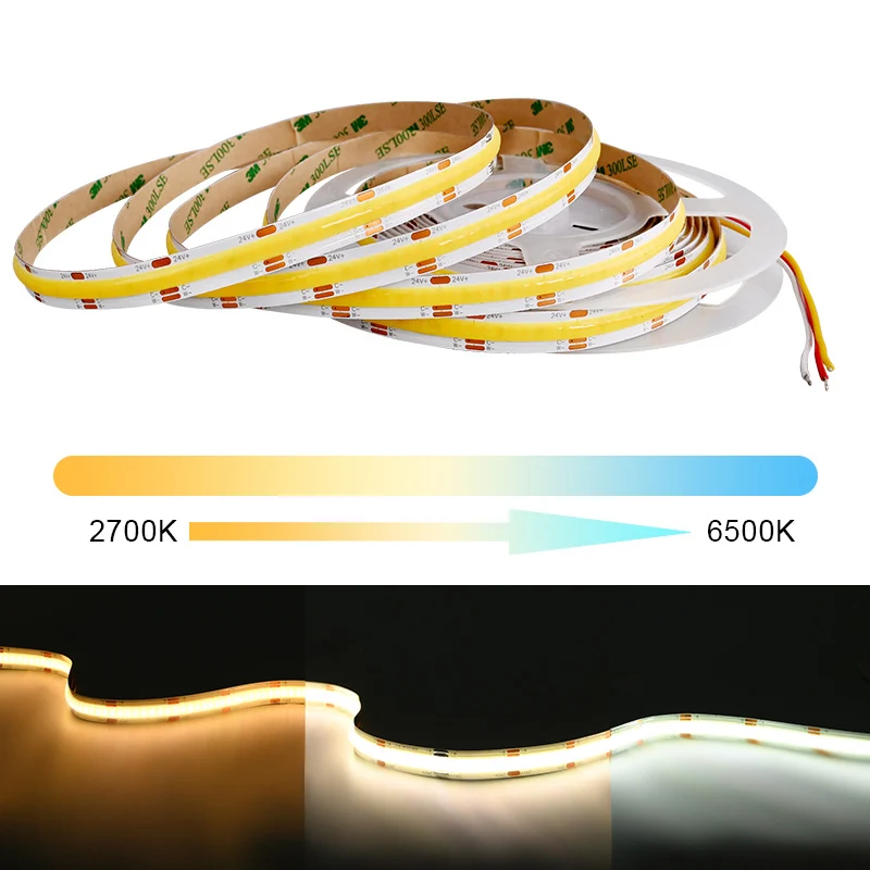 

COB CCT LED Strip Lights 608 LEDs/m High Density Flexible Dimmable FOB Led Tape 2700K to 6500K Changeable Lighting DC12V 24V