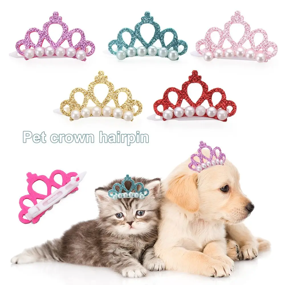 

Small Dogs Faux Pearl Crown Shaped Bows Cute Head Decoration For Pets Hair Clips Grooming Cat Bow Pet Accessories Hair Clips Bow