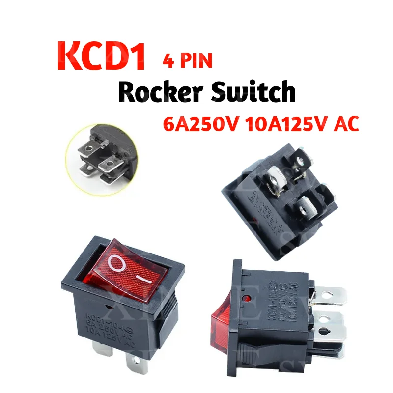 

KCD1 Rocker Switch Power Switch 2 Position 4Pins With Light 10A 250V Red 21*15mm 6A/250V 10A/125V AC