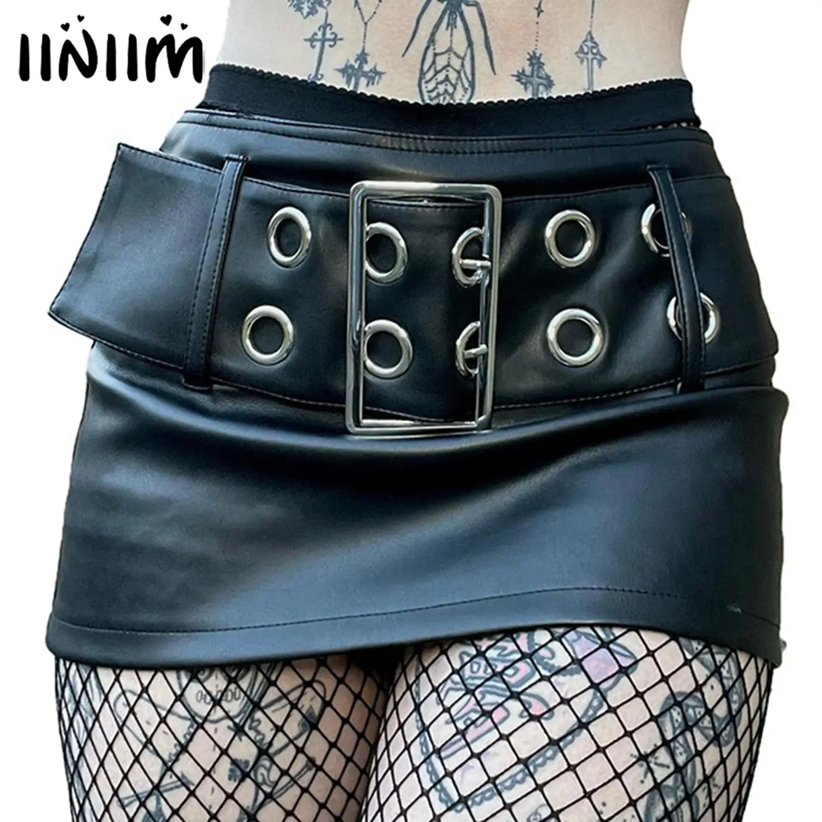 

Womens Metal Buckle Belted Skirt PU Leather High Waist Short Miniskirt Music Festival Rave Party Pole Dance Gothic Punk Clubwear