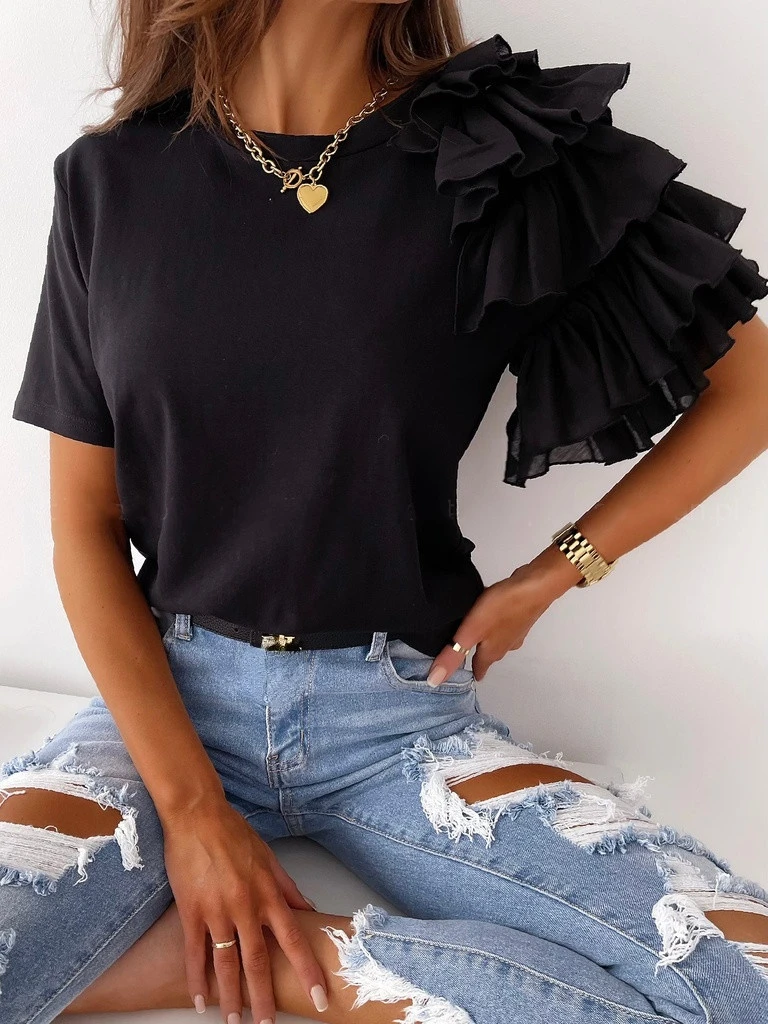 Casual Soild Color Simple Ruffle Ladies T-shirt Tops 2022 Summer New Fashion Short-sleeved Round Neck Office Top Clothes
Casual Soild Color Simple Ruffle Ladies T-shirt Tops 2022 Summer New Fashion Short-sleeved Round Neck Office Top Clothes