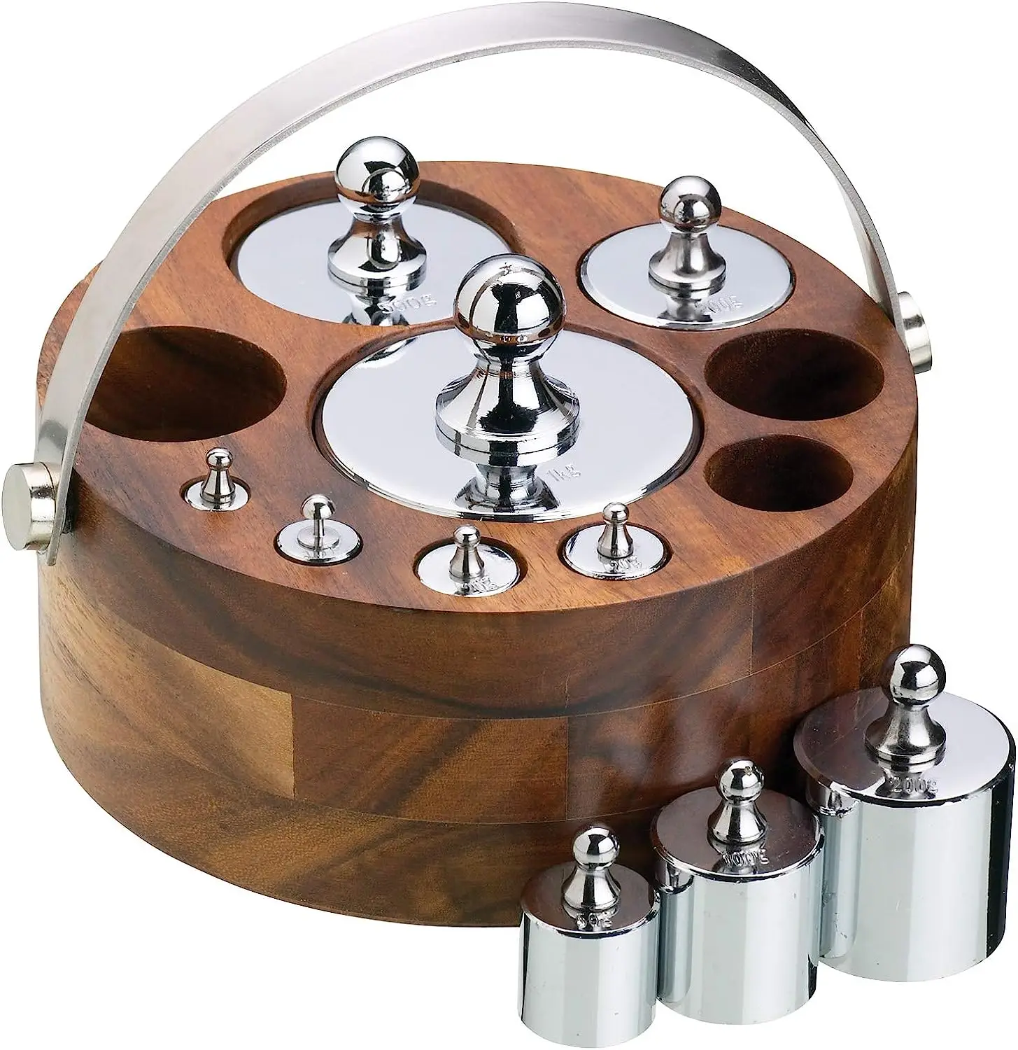 10 metric weight set with wooden, chrome plated, and brown brackets
10 metric weight set with wooden, chrome plated, and brown brackets