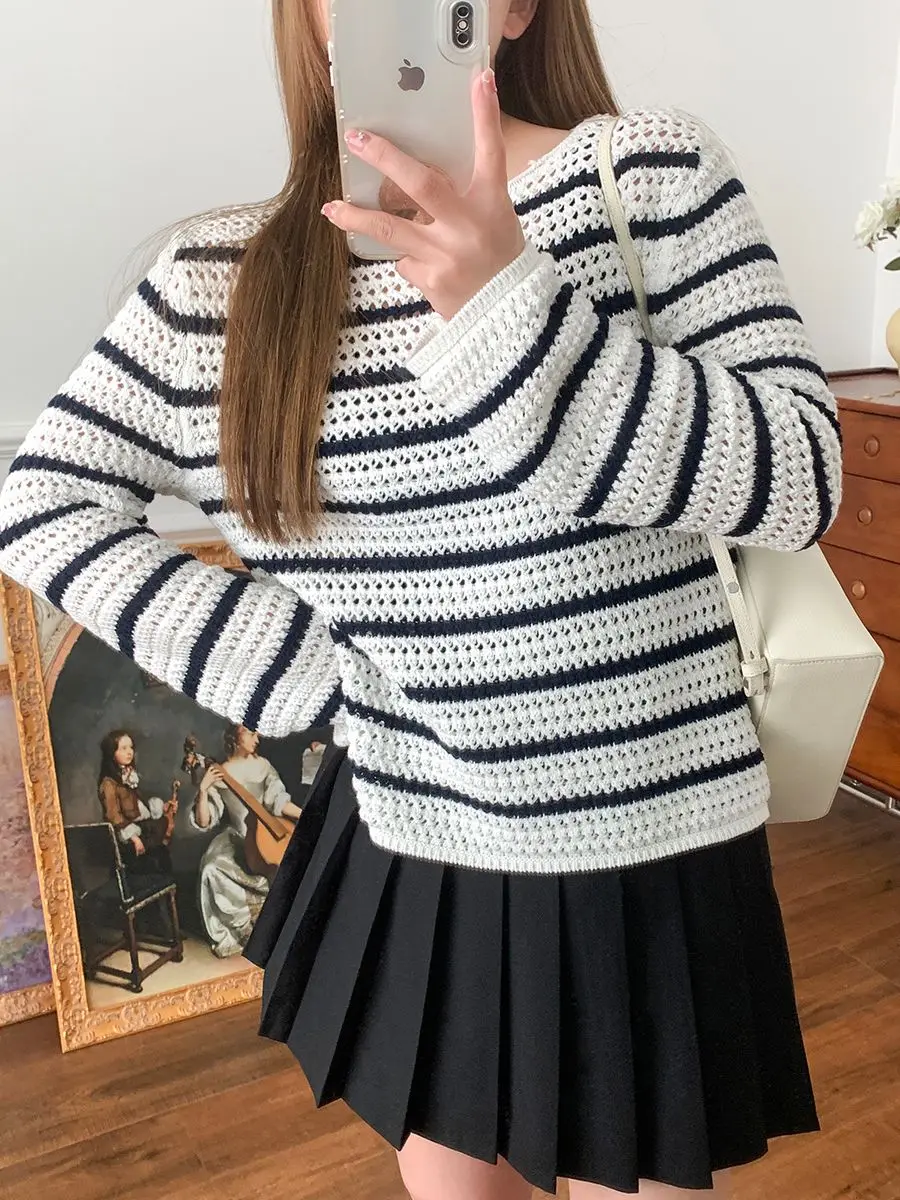 Ladies Long Sleeve Crochet Pullover Tops Female Kntiwears 2023 New Women Loose Hollow Out Striped Knit Sweater Autumn Winter
Ladies Long Sleeve Crochet Pullover Tops Female Kntiwears 2023 New Women Loose Hollow Out Striped Knit Sweater Autumn Winter