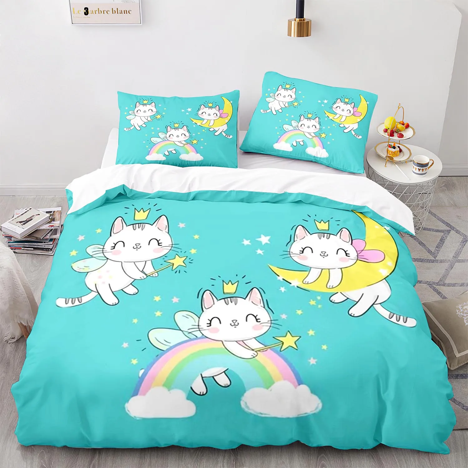 

Set Single Twin Full Queen King Size Kawaii Girl Rainbow cat Bedding Bed Set Aldult Kid Bedroom Duvetcover Sets 3D Print 015