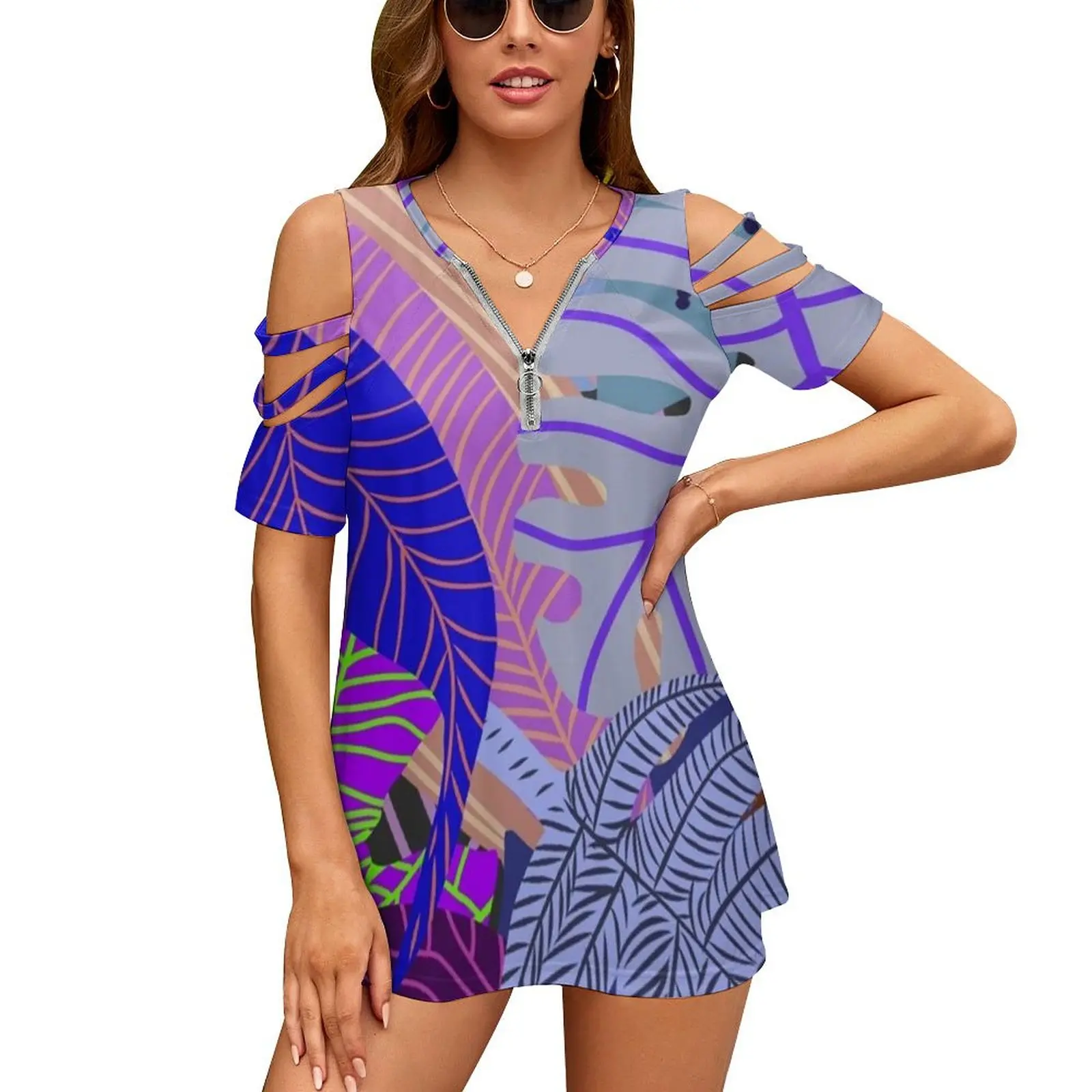 Женская рубашка с коротким рукавом, топ с открытыми плечами и застежкой-молнией
Женская рубашка с коротким рукавом, топ с открытыми плечами и застежкой-молнией