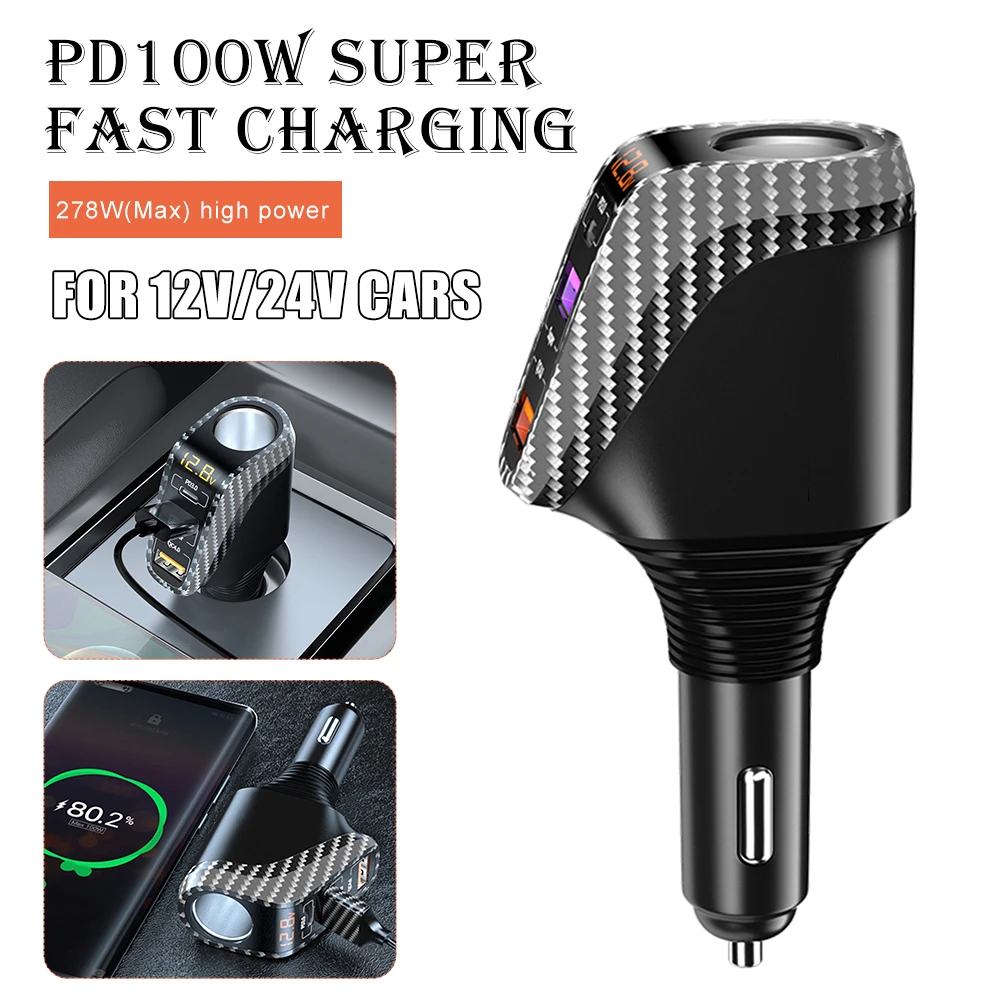 Car Charger 100W PD 3.0 Fast Charging 12V/24V Type-C 3 USB Adapter with Cigarette Lighter Splitter for Huawei Xiaomi iPhone 13
Car Charger 100W PD 3.0 Fast Charging 12V/24V Type-C 3 USB Adapter with Cigarette Lighter Splitter for Huawei Xiaomi iPhone 13