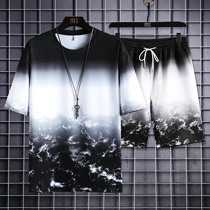 

Summer Short Sleeve Tracksuit Men O Neck Casual Tshirt Shorts Mens Sweatsuit 2PC Tee Tops+Sweatpant Male Set Clothes