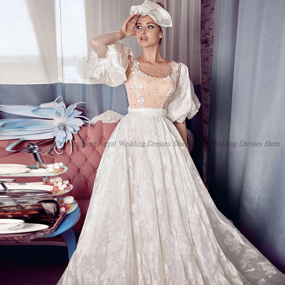High Quality Wedding Dresses Applique Draped Puff Sleeve Beads Lace Tulle Open Back O Neck 2022 Floor Length Gowns Robe De Ma
High Quality Wedding Dresses Applique Draped Puff Sleeve Beads Lace Tulle Open Back O Neck 2022 Floor Length Gowns Robe De Ma