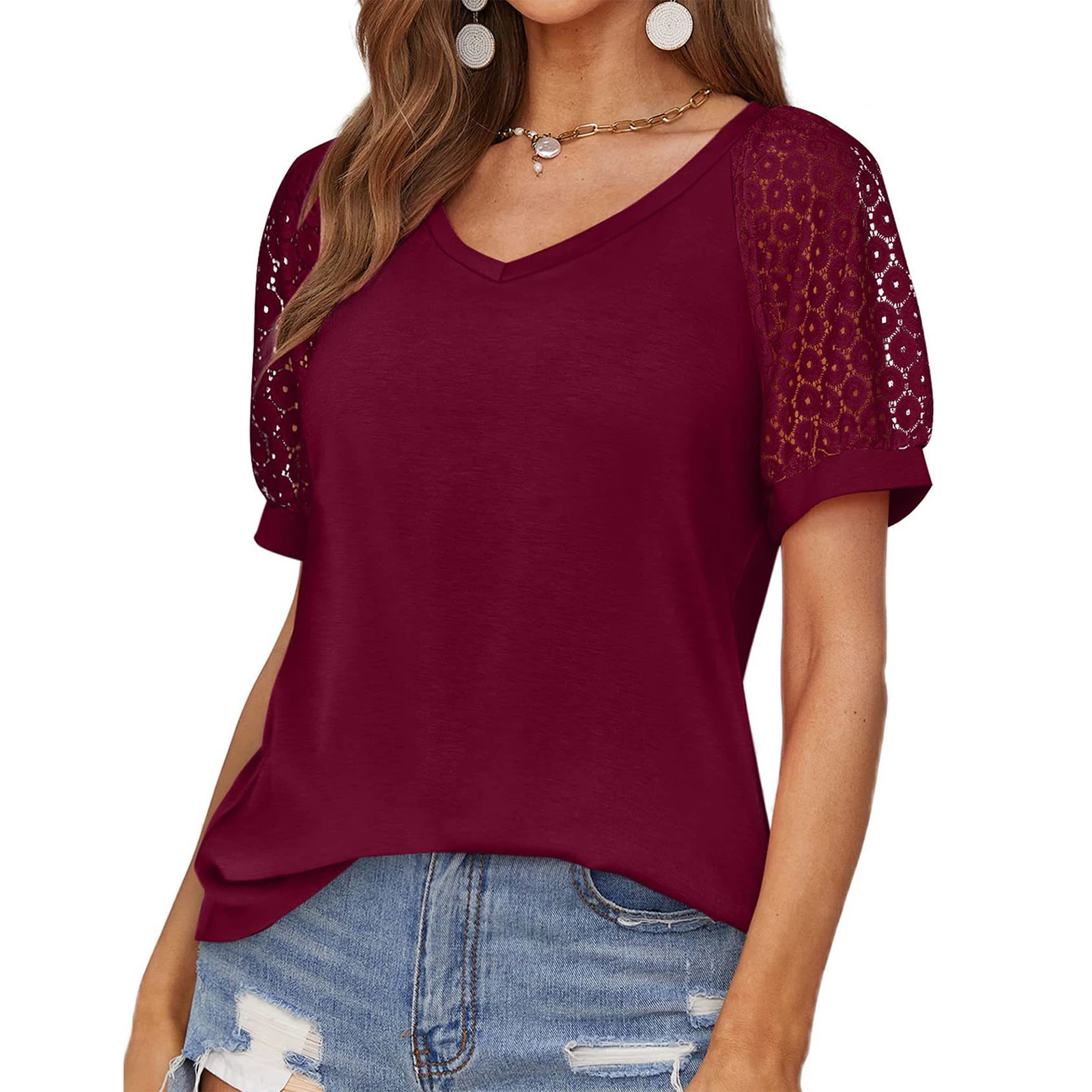Casual Women's Lace Short Sleeve Top Solid Color V Neck Summer T-Shirt Fashion Tee Tops T Shirts Female Clothes
Casual Women's Lace Short Sleeve Top Solid Color V Neck Summer T-Shirt Fashion Tee Tops T Shirts Female Clothes