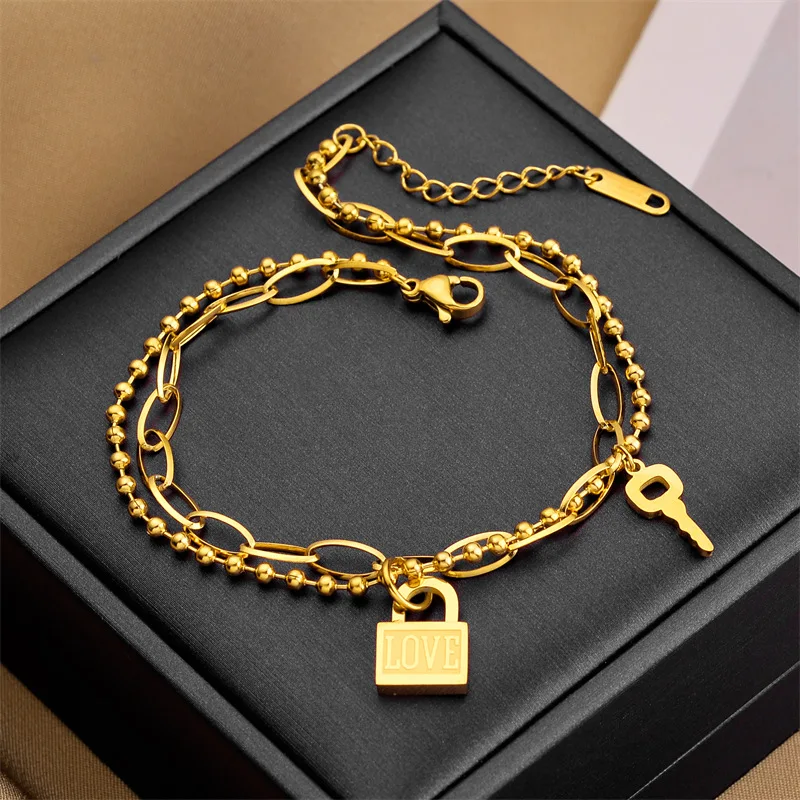 Fashion Stainless Steel Crystal Chain Lock Key Charm Multilayer Bracelet For Women Jewelry Party Wedding Friends Best Gifts
Fashion Stainless Steel Crystal Chain Lock Key Charm Multilayer Bracelet For Women Jewelry Party Wedding Friends Best Gifts