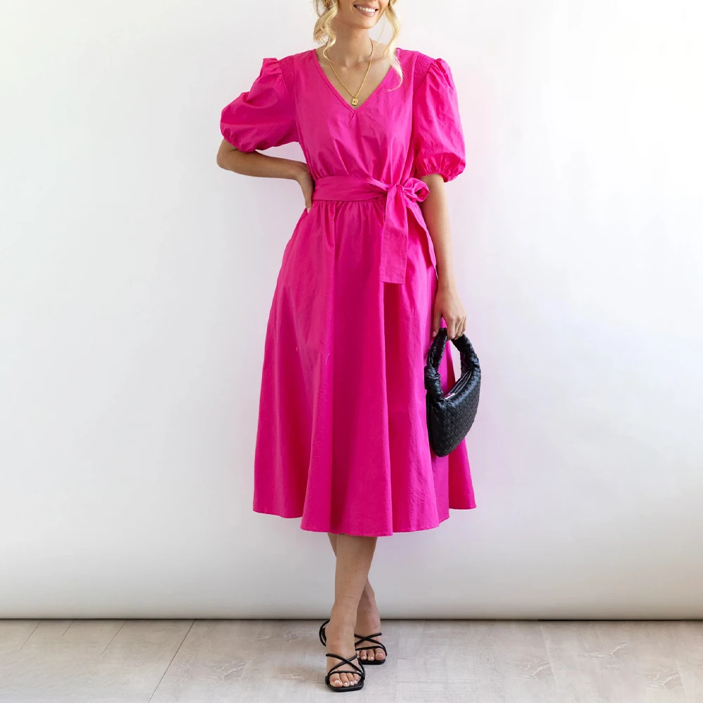 Women Summer Elegant Casual Loose Dress New Solid Short Sleeve V-Neck A-Line Puff Sleeve Dress Women With Belt
Women Summer Elegant Casual Loose Dress New Solid Short Sleeve V-Neck A-Line Puff Sleeve Dress Women With Belt