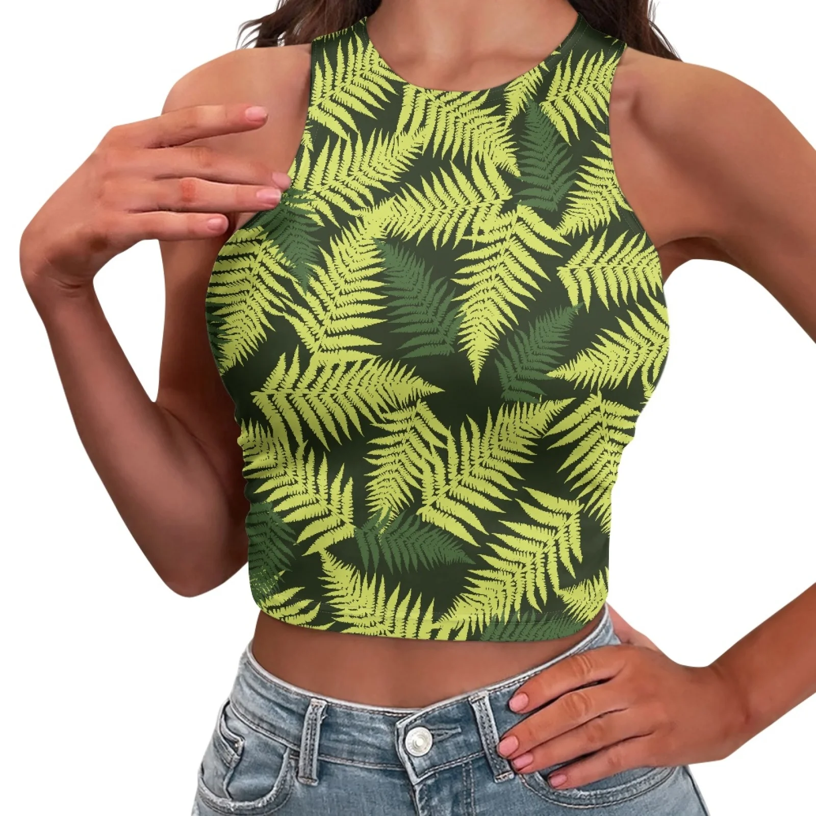 

Polynesian Tribal Tongan Totem Tattoo Tonga Prints Tropical Palm Leaf Summer Woman O-Neck Expose Belly Button Sexy Elegant Vest