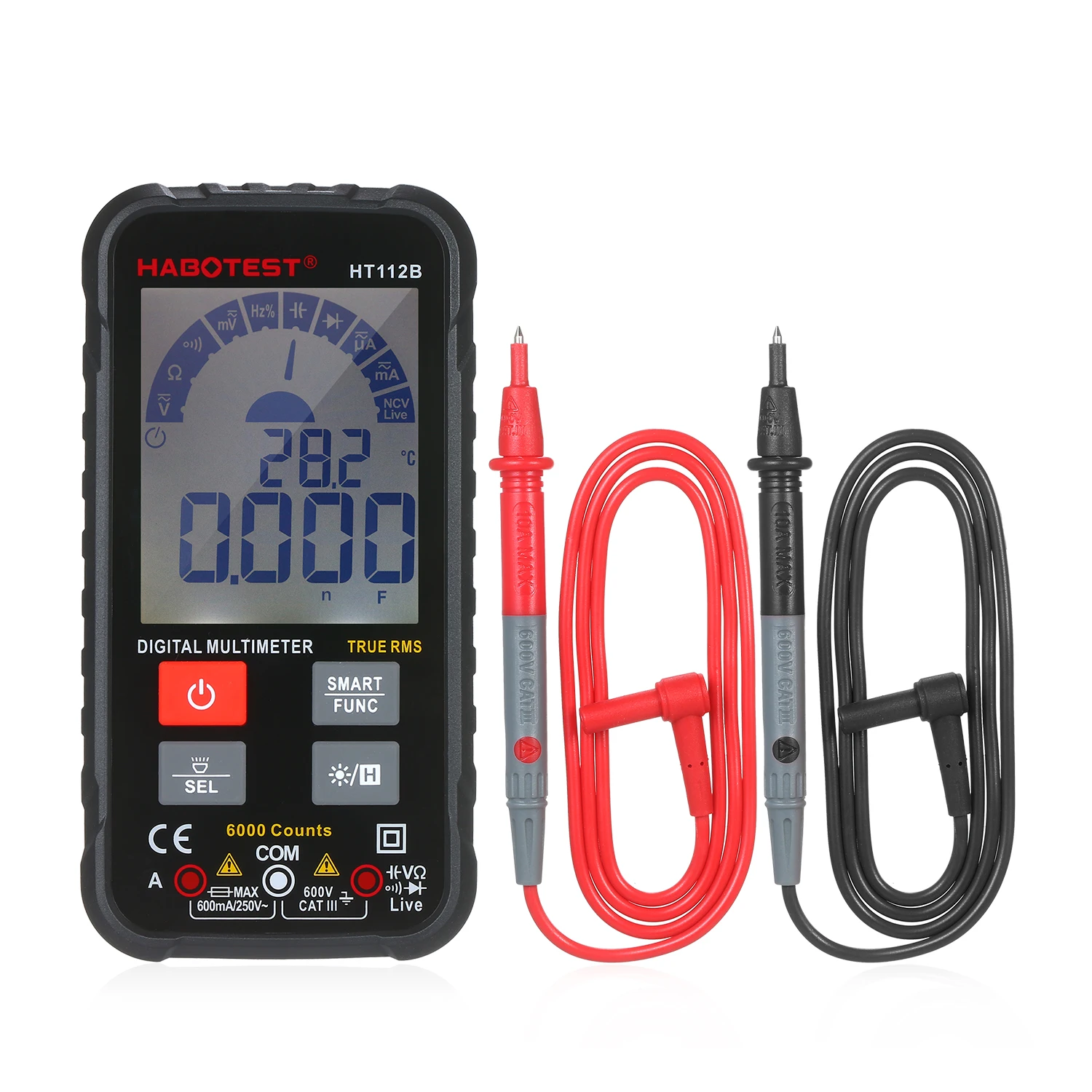 HT112B 600V Digital Multimeter Auto-Ranging 6000 AC/DC Voltage Meter Test Transistor Tester Voltmeter Ammeter Electrician Tool
HT112B 600V Digital Multimeter Auto-Ranging 6000 AC/DC Voltage Meter Test Transistor Tester Voltmeter Ammeter Electrician Tool