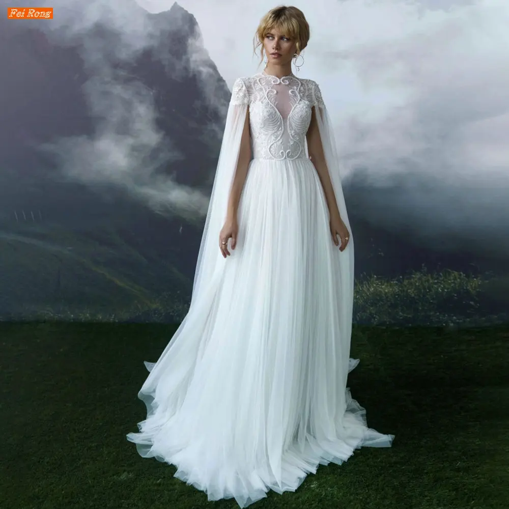 Fei Rong Boho Lace Beading With Cape Wedding Dress Vestidos De Novia High Neck A Line Backless Tulle Bridal Gown Robe De Mariée
Fei Rong Boho Lace Beading With Cape Wedding Dress Vestidos De Novia High Neck A Line Backless Tulle Bridal Gown Robe De Mariée