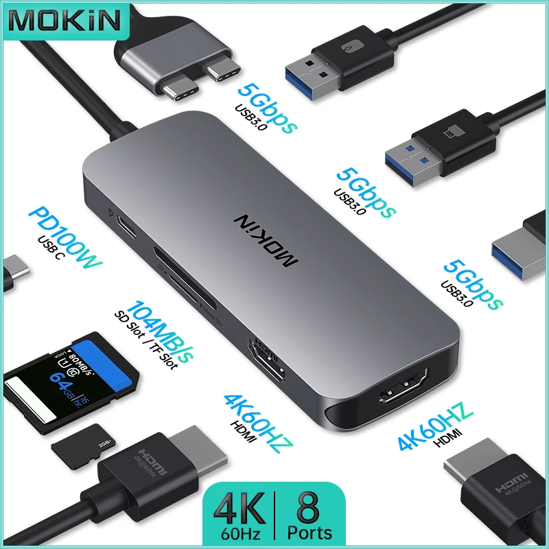 Док-станция MOKiN 8 в 2 для MacBook Air/Pro и ноутбука Thunderbolt с портами USB3.0, HDMI 4K60 Гц, PD 100 Вт, SD и TF
Док-станция MOKiN 8 в 2 для MacBook Air/Pro и ноутбука Thunderbolt с портами USB3.0, HDMI 4K60 Гц, PD 100 Вт, SD и TF