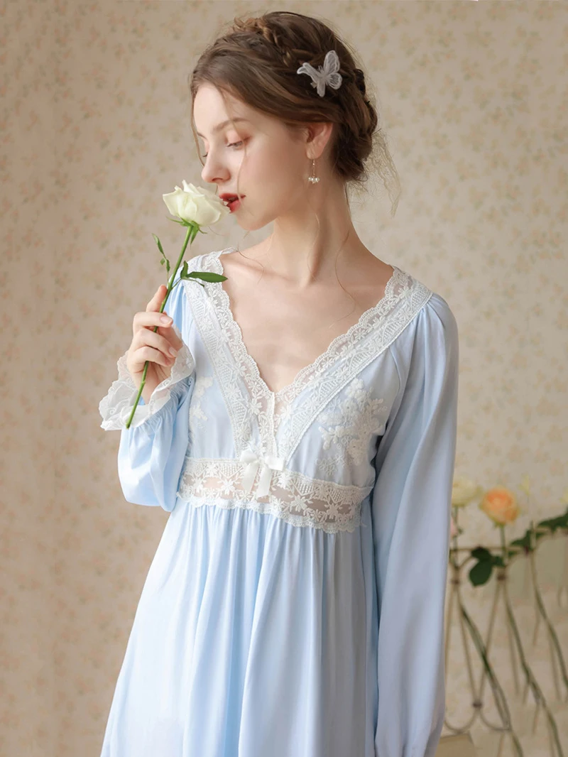

Women Spring Lingerie Cotton Lace Fairy Sweet Princess Sleepwear Ruffles V-Neck Embroidery Robes Vintage Victorian Nightdress
