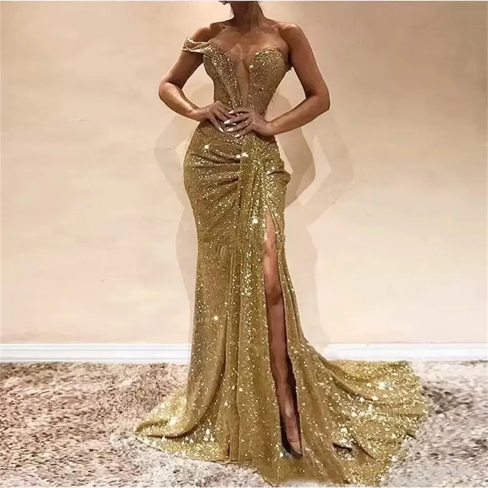 Sparkly Evening Dress Sexy High Slit V-Neck Sleeveless Off The Shoulder Floor Length Sweep Train Special Occasion Paryt Vestido
Sparkly Evening Dress Sexy High Slit V-Neck Sleeveless Off The Shoulder Floor Length Sweep Train Special Occasion Paryt Vestido
