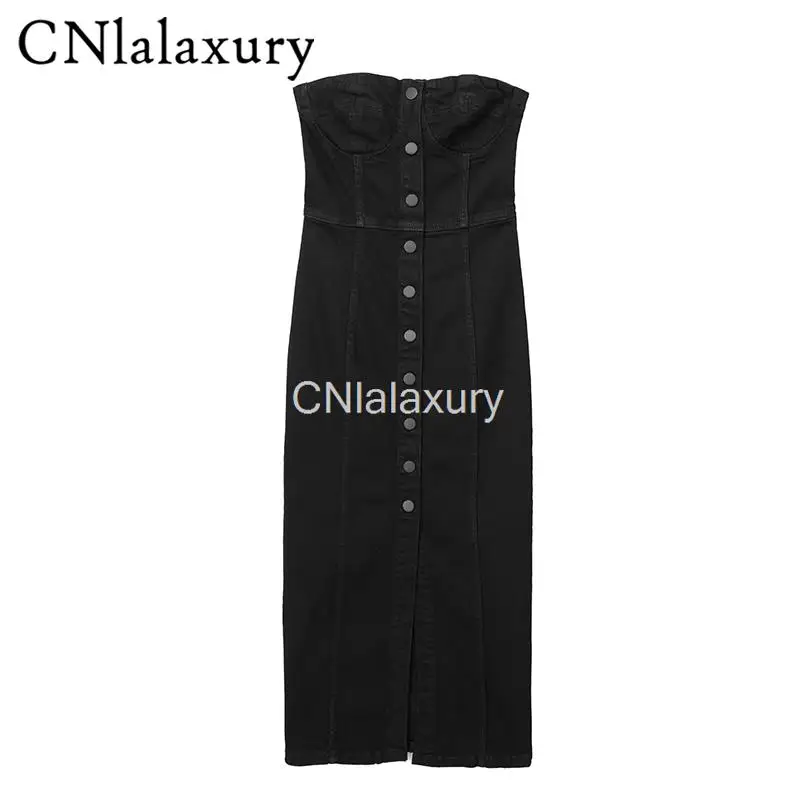 

CNlalaxury 2023 New Summer Fashion Women Single Row Button Skintight Brassiere Denim Dress Casual Solid Midi Dress Female Chic