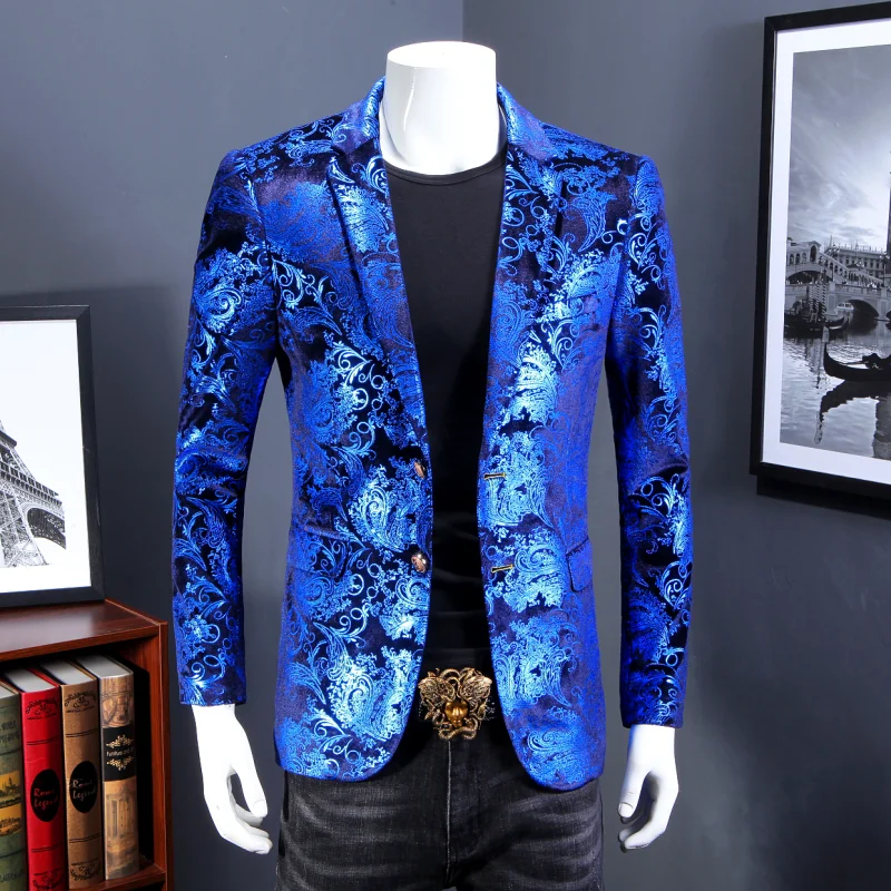 Fashion Blue Jacquard Bronzing Floral Blazer Mens Single Button Slim Fit Suit Jacket Wedding Dress Party Stage Singer Costume
Fashion Blue Jacquard Bronzing Floral Blazer Mens Single Button Slim Fit Suit Jacket Wedding Dress Party Stage Singer Costume