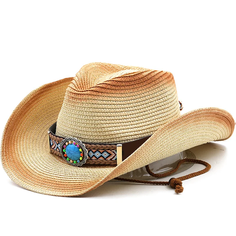 

cowboy hat Panama New Straw Hat Summer Turquoise ribbon Women Men Wide Brim Beach Sun Cap UV Protection Jazz Fedora Hat