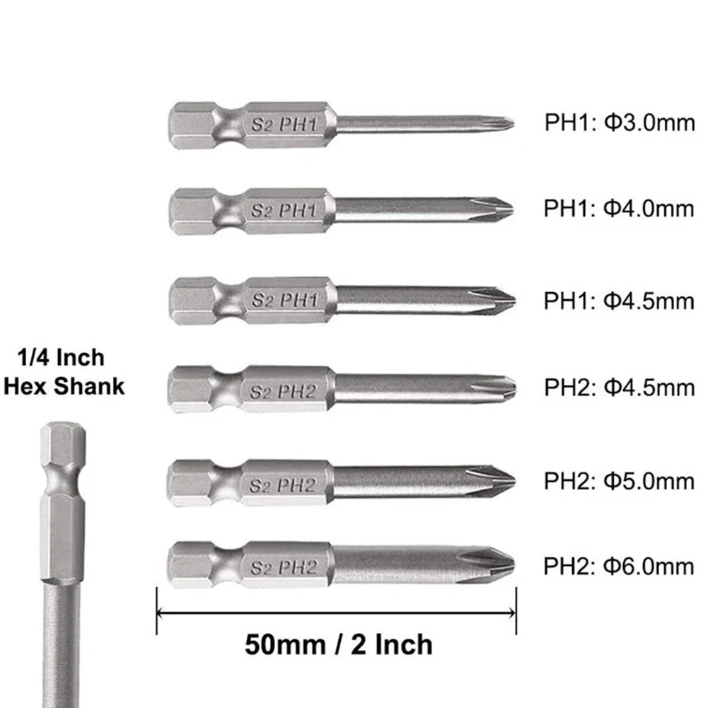 

6 шт. крестовые насадки для отвертки 1/4 "шестигранный хвостовик PH1 PH2 50 мм легированная сталь Магнитная партия головка отвертка сверло ручные инструменты