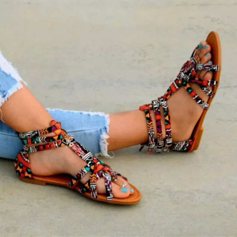 

New National Style Roman Sandals Bohemian large-size open-toed buckle flat sandals woman