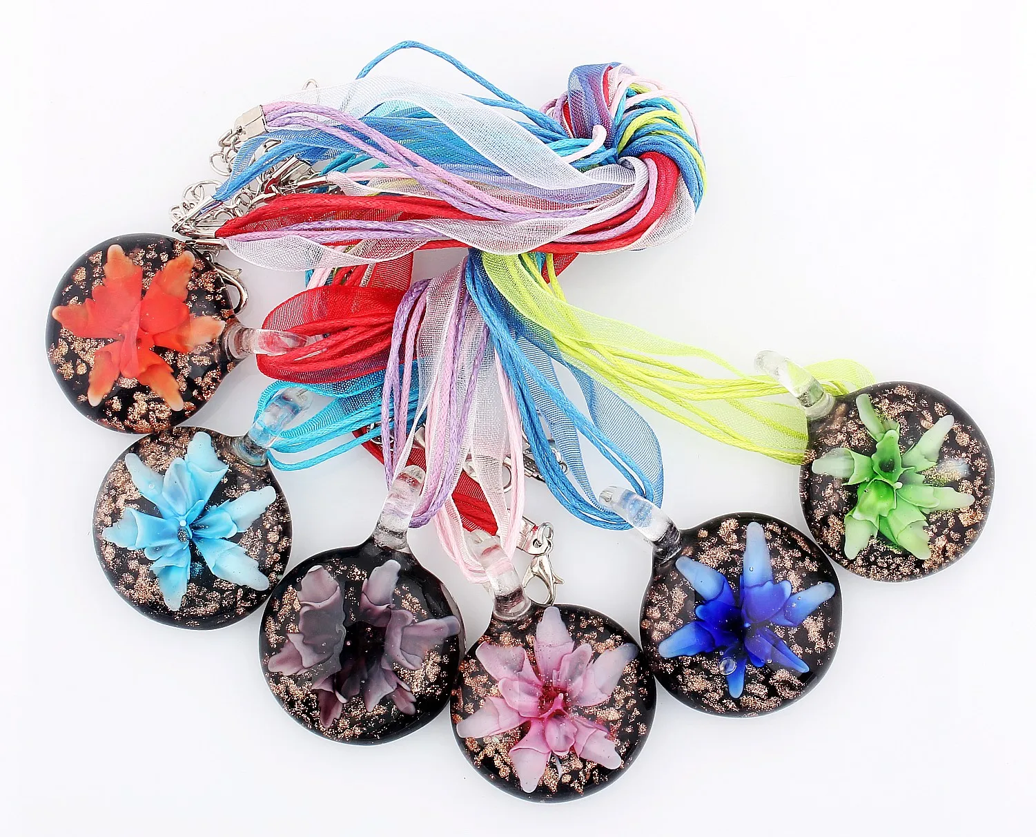 

Hot Sell Wholesale Lots 6pcs Murano Lampwork Glass Round Beauty Flower Charm Pendant Necklaces For Women's Jewelry