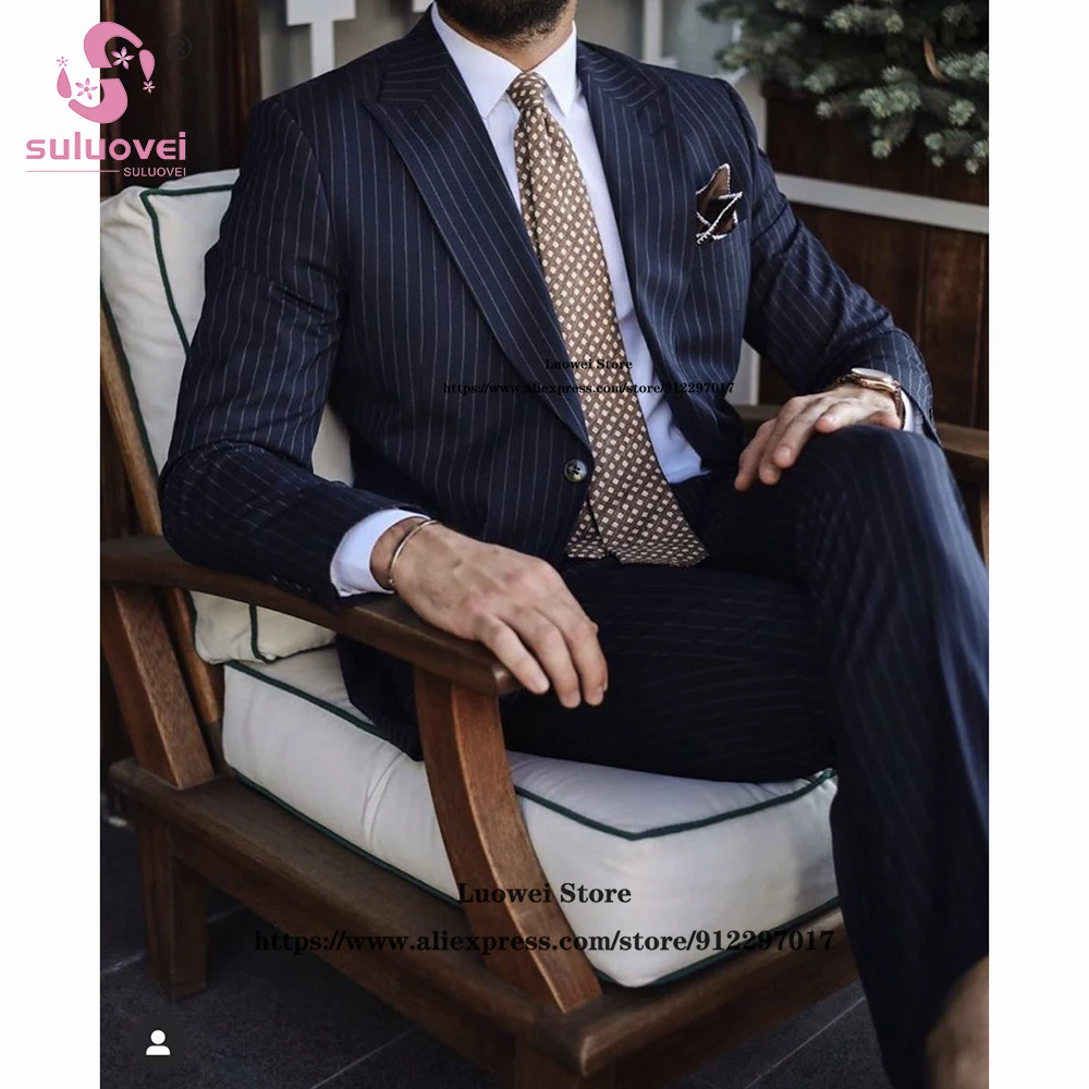 Fashion Navy Blue Striped Suits For Men Custom Made 2 PCS Pants Set Formal Groom Wedding Dinner Tuxedo Terno Masculinos Completo
Fashion Navy Blue Striped Suits For Men Custom Made 2 PCS Pants Set Formal Groom Wedding Dinner Tuxedo Terno Masculinos Completo