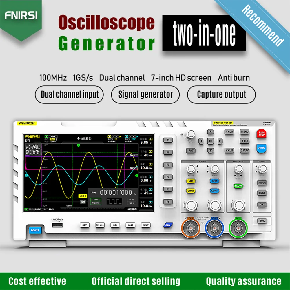 FNIRSI-1014D Digital Oscilloscope 2 In 1 Dual Channel Input Signal Generator 100MHz* 2 Ana-log Bandwidth 1GSa/s Sampling Rate
FNIRSI-1014D Digital Oscilloscope 2 In 1 Dual Channel Input Signal Generator 100MHz* 2 Ana-log Bandwidth 1GSa/s Sampling Rate