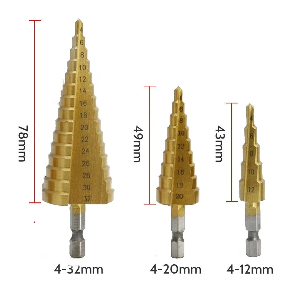 HSS Titanium Coated Step Drill Bits 4-12mm 4-20mm 4-32mm Straight Groove Step Core Drill For Wood Metal Steel Brass Drilling
HSS Titanium Coated Step Drill Bits 4-12mm 4-20mm 4-32mm Straight Groove Step Core Drill For Wood Metal Steel Brass Drilling