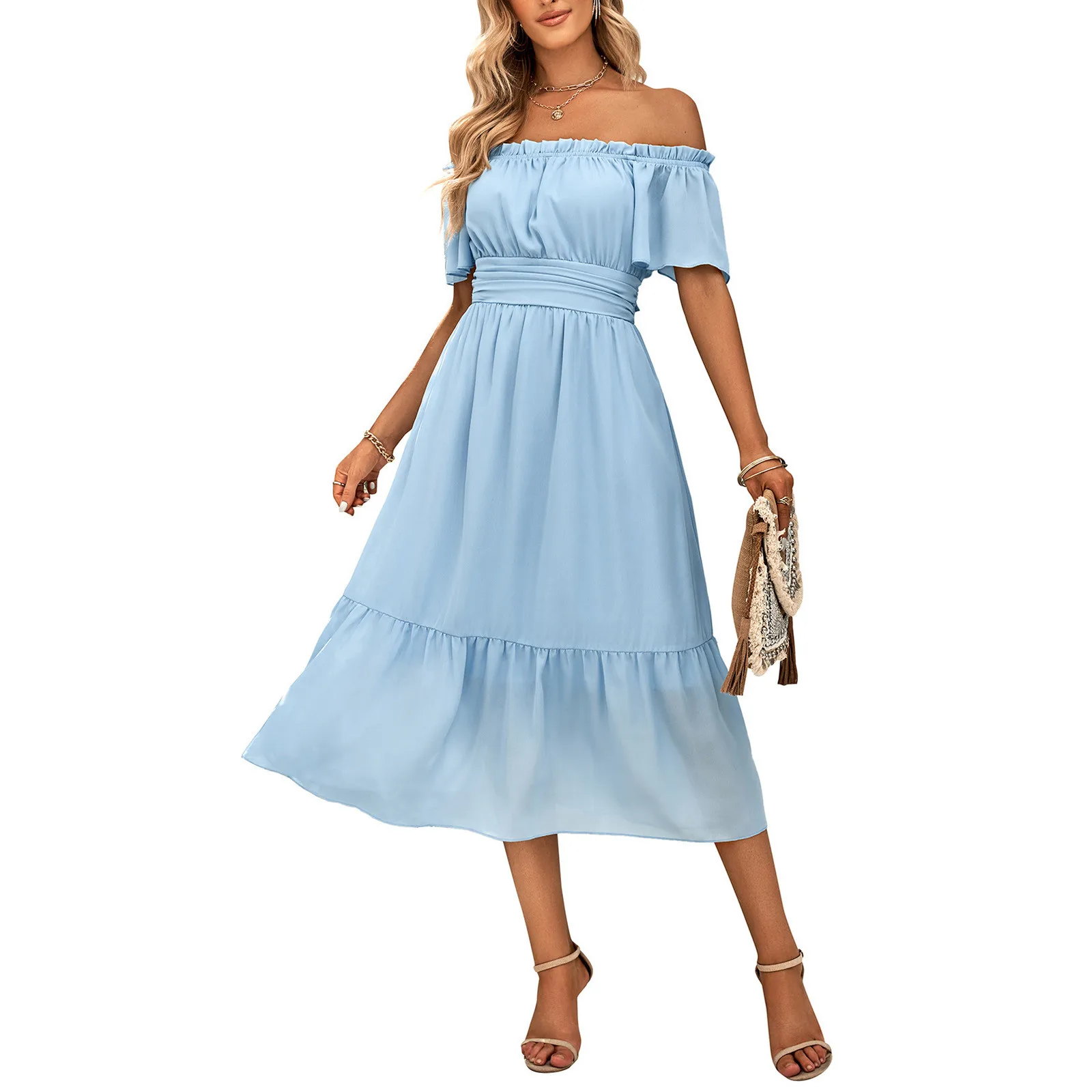 Elegant Solid Color Dress high Waist Long Dresses Female Summer Off The Shoulder Short Sleeve Sundress Vacation Vestido New
Elegant Solid Color Dress high Waist Long Dresses Female Summer Off The Shoulder Short Sleeve Sundress Vacation Vestido New
