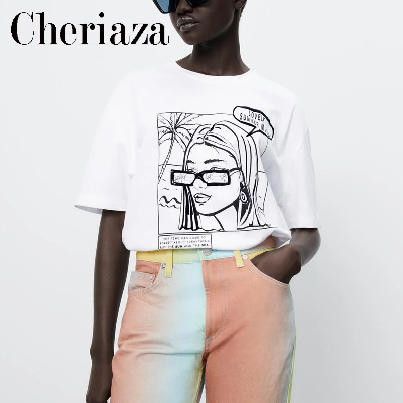 2022Summer Fashion New Woman Printed T-shirt O-neck Street Short Sleeve Crew Neck Cotton Blend White Leisure Tops Female 
2022Summer Fashion New Woman Printed T-shirt O-neck Street Short Sleeve Crew Neck Cotton Blend White Leisure Tops Female