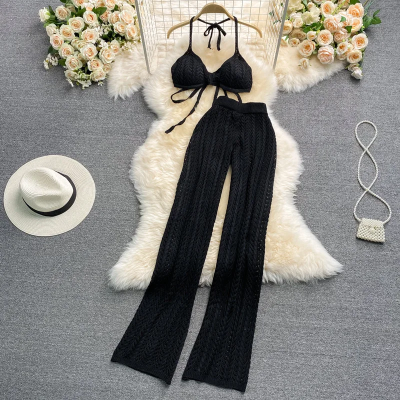 Seaside holiday suit hollowed out knitted neck Strapless top women's hot girl vest two-piece set of high waist casual pants
Seaside holiday suit hollowed out knitted neck Strapless top women's hot girl vest two-piece set of high waist casual pants