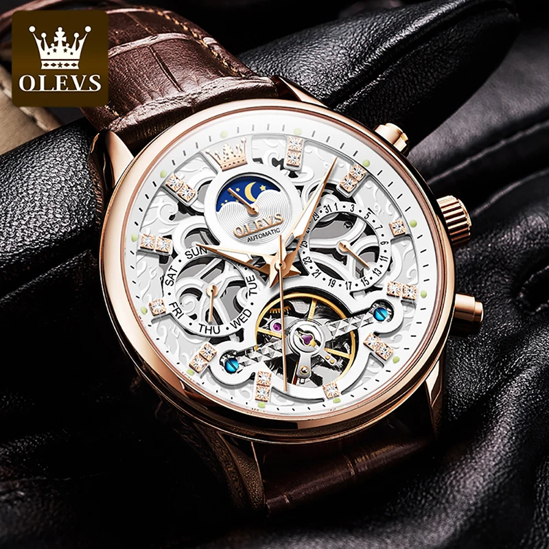 OLEVS Mens Watches Brown Leather Waterproof Multifunctional Skeleton Mechanical Watch Tourbillon Men Watch Luminous Reloj Hombre
OLEVS Mens Watches Brown Leather Waterproof Multifunctional Skeleton Mechanical Watch Tourbillon Men Watch Luminous Reloj Hombre