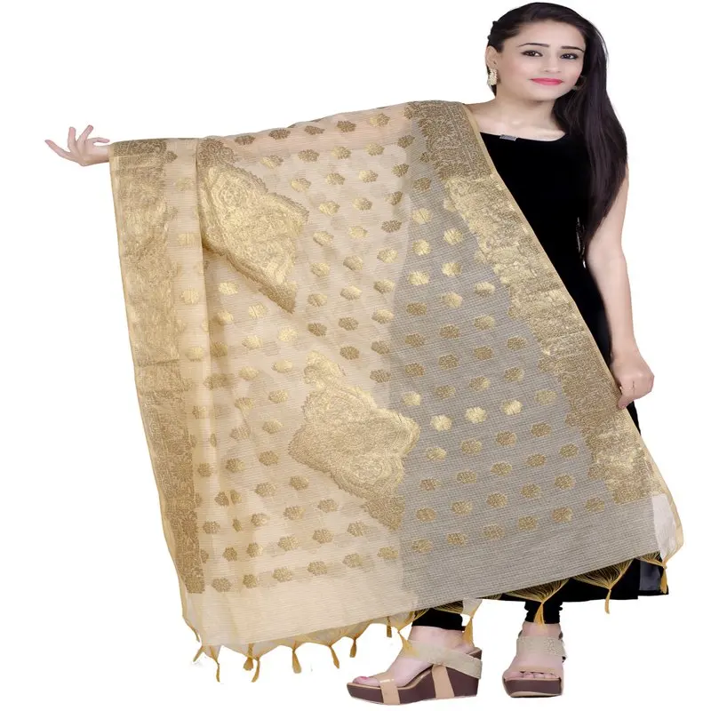 

Women`s Handwoven Beige Zari Work Banarasi Dupatta Stole Scarf,Free Size (D137BEI)