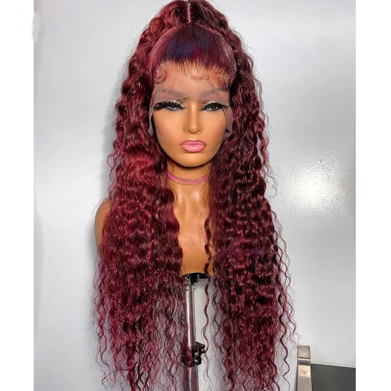 

Burgundy 99j Glueless Soft Preplucked 26 inch Long 180 Density Kinky Curly Lace Front Wigs For Black Women Babyhair Daliy Wine