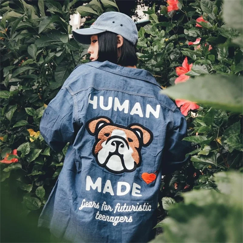 

MADE HUMAN 23SS Japan Leisure Retro Dog's Head Embroidery Character Printing Loose Men's And Women's Lapel Shirts