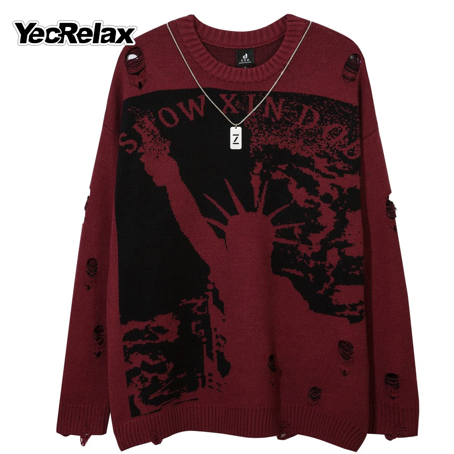 Hip Hop Streetwear Tops Destroyed Pullovers Knitwear for Men Oversized Statue of Victory Print Knitted Sweaters with Chain Men
Hip Hop Streetwear Tops Destroyed Pullovers Knitwear for Men Oversized Statue of Victory Print Knitted Sweaters with Chain Men