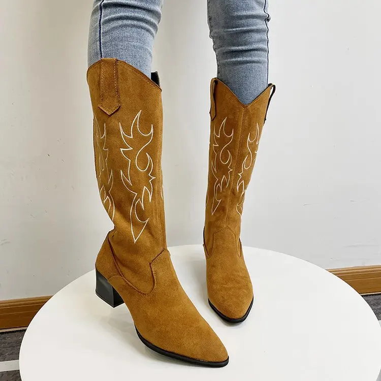 

Women Western Cowboy Boots Pointed Women's Shoes Printing Mid Calf Boots Winter Chunky Heel Wedges Knight Botas Feminina