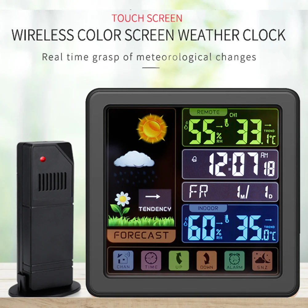 

Метеостанция с цветным экраном, беспроводной цифровой Комнатный/уличный термометр, гигрометр, прогноз погоды, измеритель влажности и температуры