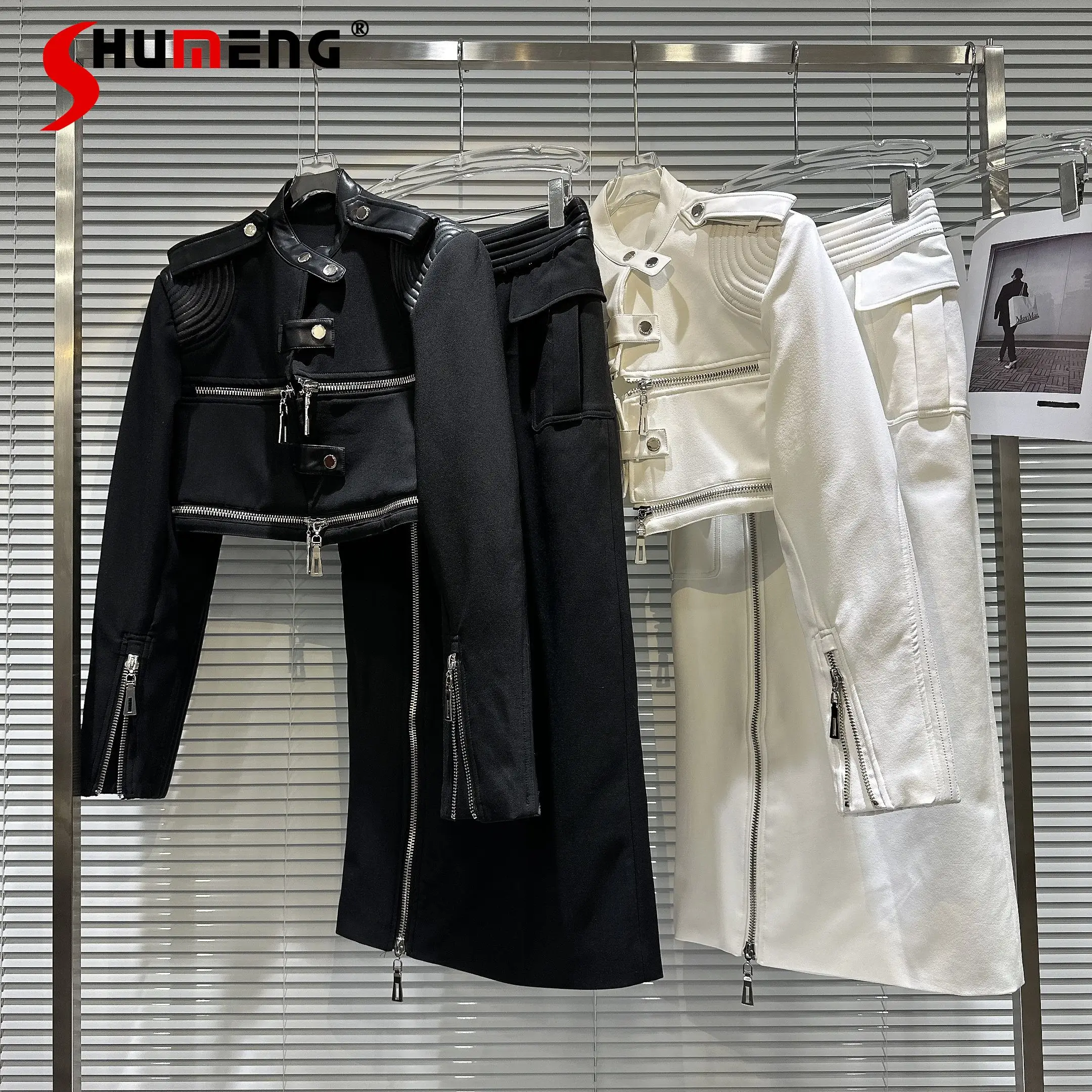 

2023 Autumn Cool Street Sets New Niche Zipper Leather Patchwork Shoulder Pad Jacket One-Step Skirt 2 Piece Suit Buy Separately