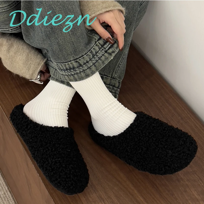 

Autumn Wool lamb Ladies Slides Shoes Indoor Outdoor Slippers Fashion Round Toe Female Footwear Flats Women Fur Mule Shoes