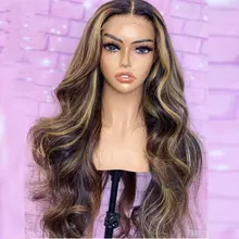 Natural Soft Highlight Brown Honey Blonde Preplucked 24Inch 180Density Synthetic Glueless Body Wave Lace Front Wig Baby Hair