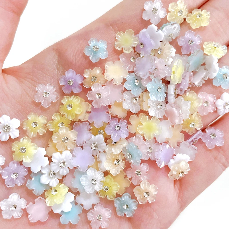 

30PCS Ice Transparent Five Petal Flower Nail Charms Accessories With Rhinestones Crystals Nail Art Decoration Manicure Supplies