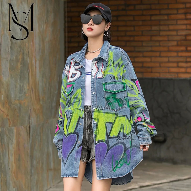 

European station 2022 spring new graffiti print denim jacket women loose fried street jacket top cross-border fashion brand