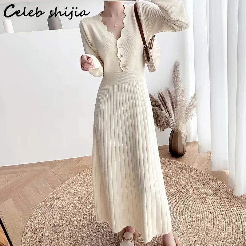 Apricot Women's Dress Knitted V-neck 2022 Fall Elegant Chic Woolen Dresses Ladies High Waisted Pleated Knitwear Winter Clothing
Apricot Women's Dress Knitted V-neck 2022 Fall Elegant Chic Woolen Dresses Ladies High Waisted Pleated Knitwear Winter Clothing