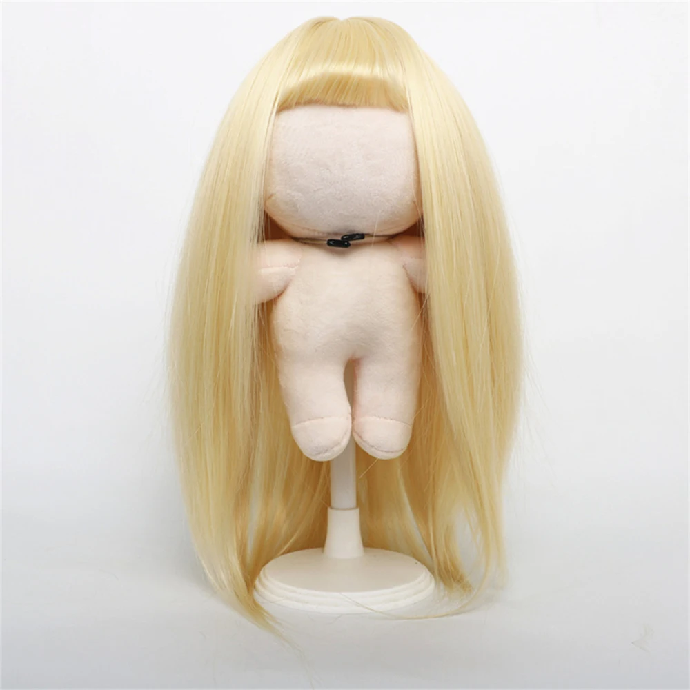 

AICKER Synthetic Wig Blond Straight Cute Kawaii Long Wavy Hair With Flat Bangs For 20CM Cotton Doll Heat Resistant Fiber